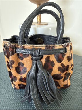 The Clever Carriage Leopard Print Pony Hair/Black Leather Mini Crossbody Bag EUC